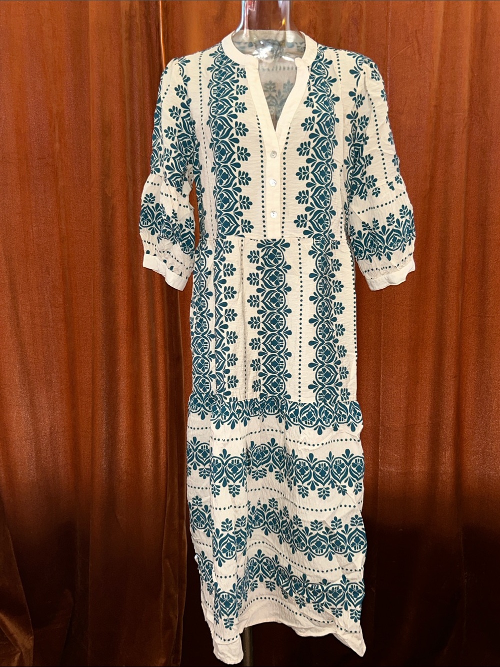 Off White Midi Dress with Teal Design- Bohemian Tiered V-Neck
